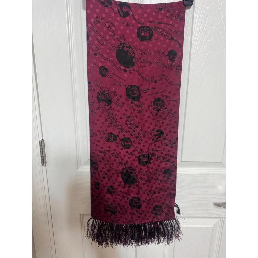 Zazou Luxe Burgundy Musical Instrument Rose Print Fringe Scarf Polka Dot